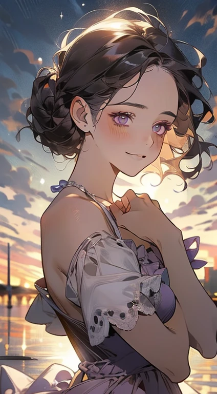 work of art, best qualityer, realisitic, mature woman, cute, 25 years old, cloused mouth, portraite, extreme detailed face, soft smiling, (dark purple eyes), ((with single black hair bun), ((hair with front bangs)), [tthin eyebrows], ((light purple dress)), no-makeup, drlight smile, ear flush, light blush, short eyelashes, 4K,open air