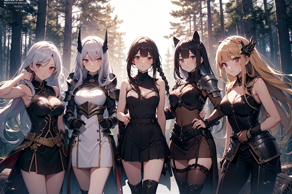 A group of female knight, (in forest), various hair styles, harem, wearing armored clothes, metal armor, night, details face, , short skirt, seducing, sword, showing armpits, sleeveless, braids