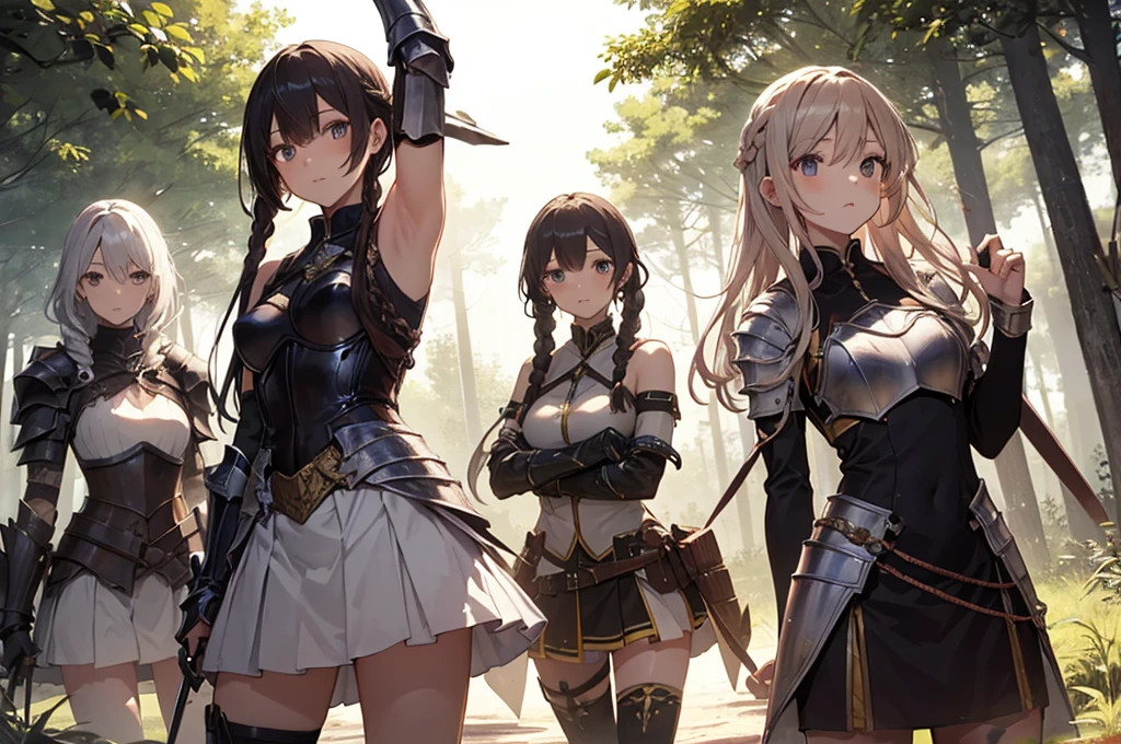 A group of female knight, (in forest), various hair styles, harem, wearing armored clothes, metal armor, night, details face, , short skirt, seducing, sword, showing armpits, sleeveless, braids