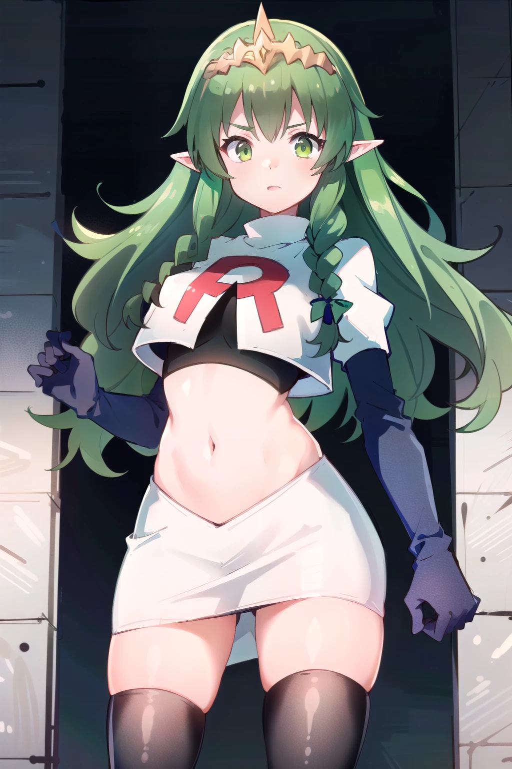 ((ultra detailed, masterpiece, best quality))
FESothis, 1girl, solo, green hair, long hair, green eyes, twin braids, tiara, pointy ears, team rocket,team rocket uniform,white skirt,red letter R,crop top,black thigh-highs,black elbow gloves