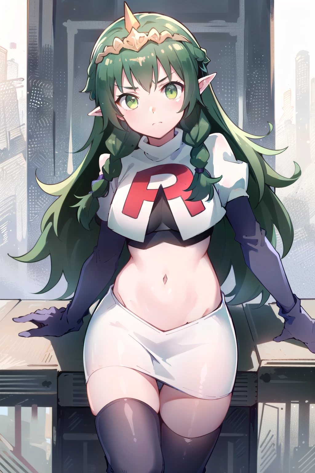 ((ultra detailed, masterpiece, best quality))
FESothis, 1girl, solo, green hair, long hair, green eyes, twin braids, tiara, pointy ears, team rocket,team rocket uniform,white skirt,red letter R,crop top,black thigh-highs,black elbow gloves