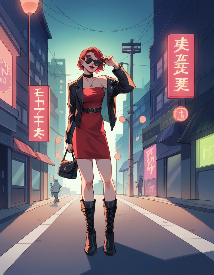 A stylish woman walks down a Tokyo street filled with warm glowing neon and animated city signage. She wears a black leather jacket, a long red dress, and black boots, and carries a black purse. She wears sunglasses and red lipstick. She walks confidently and casually. The street is damp and reflective, creating a mirror effect of the colorful lights. Many pedestrians walk about