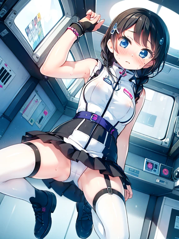 (Highest quality), (masterpiece), 1080P, High resolution, 4K, 8k, Inside the space station、Futuristic room、Thigh straps, Shooting from directly below, The woman on top of me, Nipples, 白いSweat, Covered , Sweat, Woman looking down, Skirt swimsuit, Thigh-high socks, To achieve this, , , whole body, Black leather shoes, Braided hair, Inner Color, Embarrassed face, Short black hair, bracelet, Bedroom,celestial body_Vest