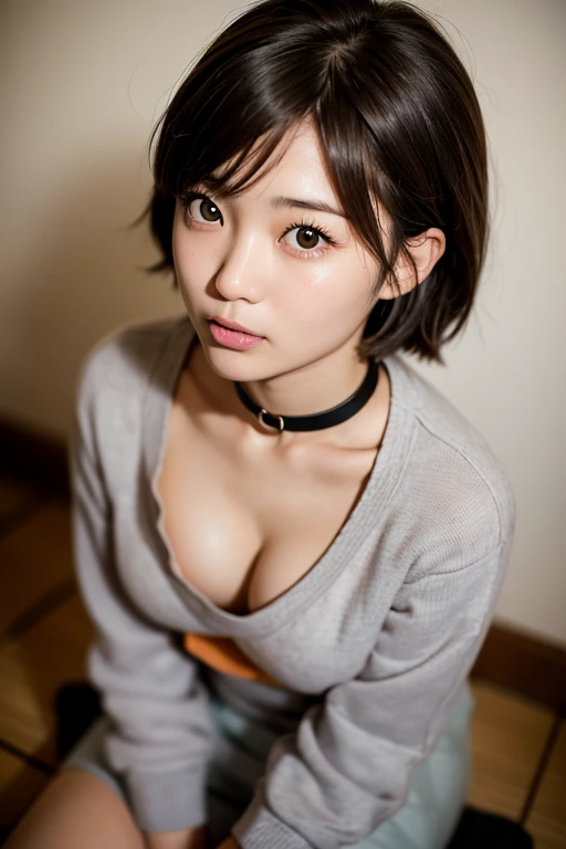 Professional photo-realistic images。A cute Japanese woman with short fluffy hair wearing a wide-necked sweatshirt without a bra。She is leaning forward and looking up at me.。Her nipples are visible through the gap in her collar。(flat chest:1.6), Front view from above。She is blushing and looking at me with an embarrassed face.。