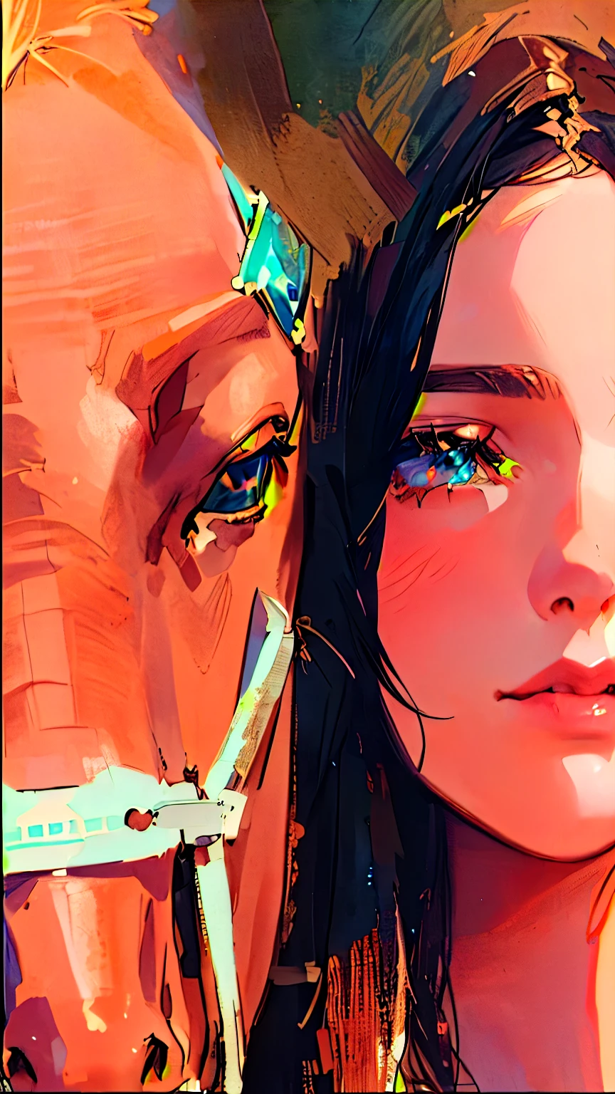 An anime style image of a young girl standing next to a horse with a bridle on it, close - up portrait shot, close-up portrait film still, inspired by Elsa Bleda, horse in background, close up portrait shot, detailed portrait shot