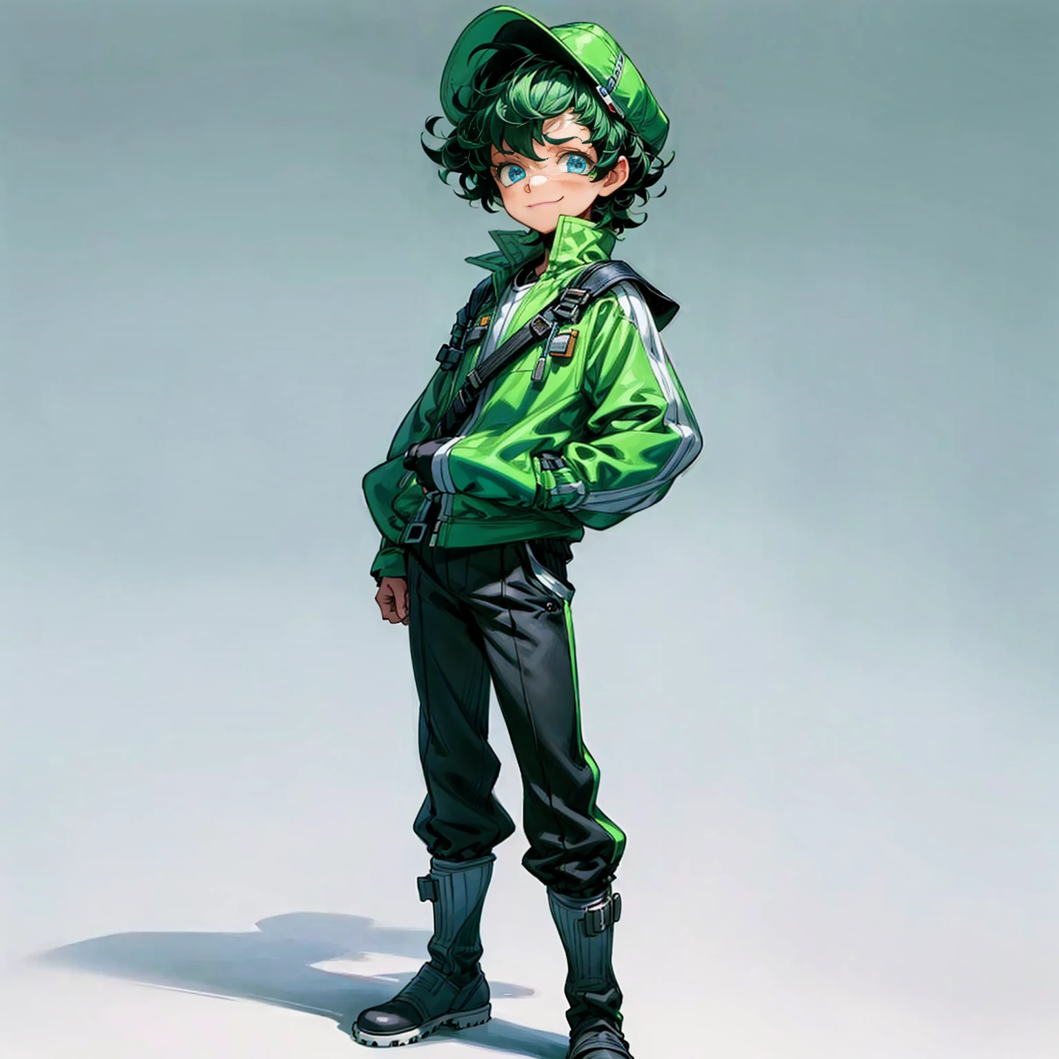 Solo character, full body version, , blue eyes, green half black color hair, short Curly haircut, casual outfit, black pants, boots, white background, standing gesture, sad eyes, smile mouth, baseball cap, detailed background, detailed clothing, detailed hair