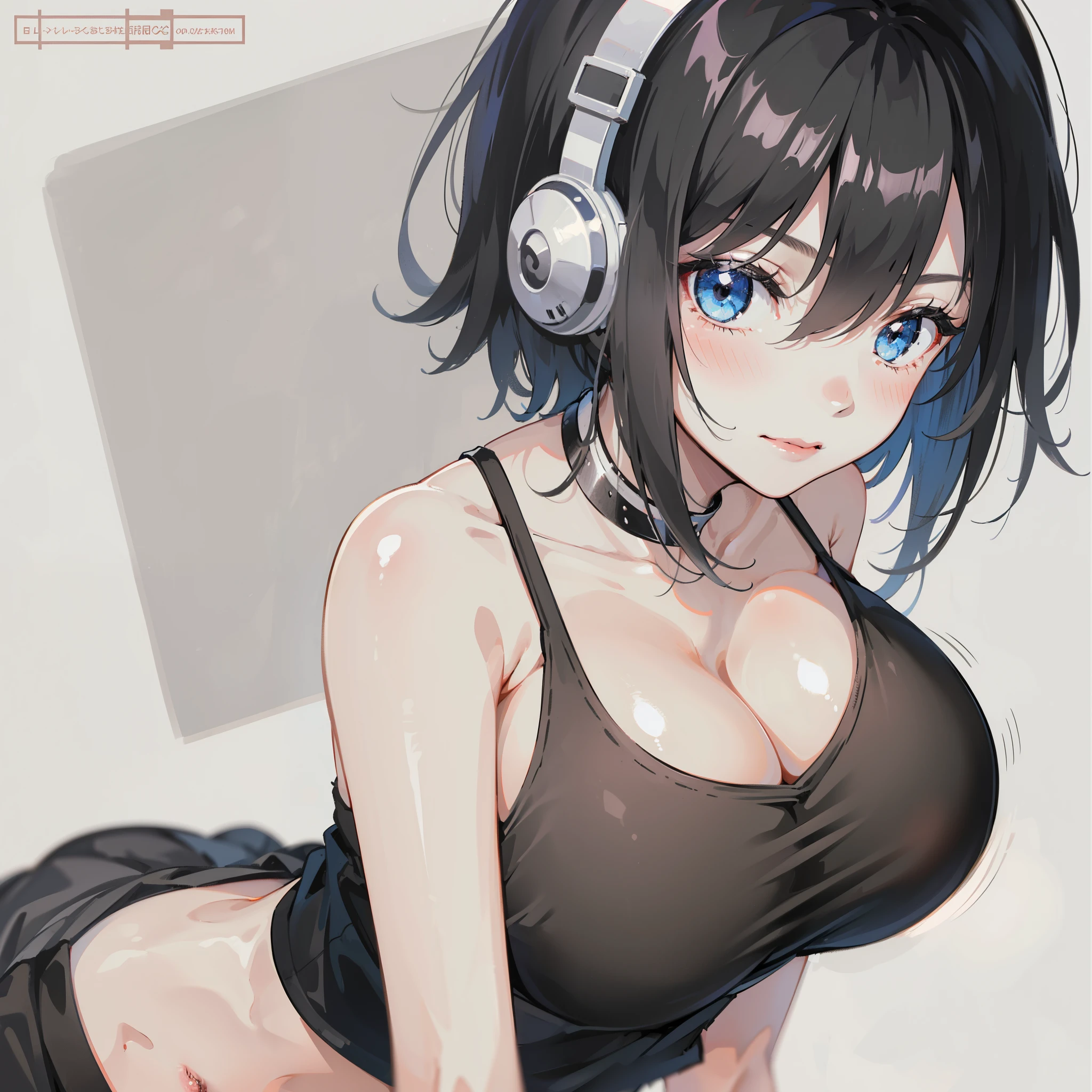 1girl, breasts, rating:safe, large_breasts, choker, solo, cleavage, hair_between_eyes, bare_shoulders, blush, black_hair, looking_at_viewer, striped, striped_background, black_shirt, closed_mouth, bangs, short_hair, black_tank_top, grey_eyes, smile