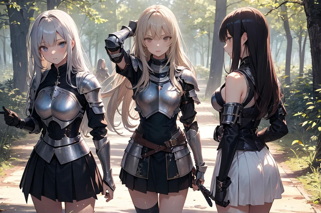 A group of  female knight, (in forest), various hair styles, harem, wearing armored clothes, metal armor, night, details face, , short skirt, seducing, sword, showing armpits, sleeveless