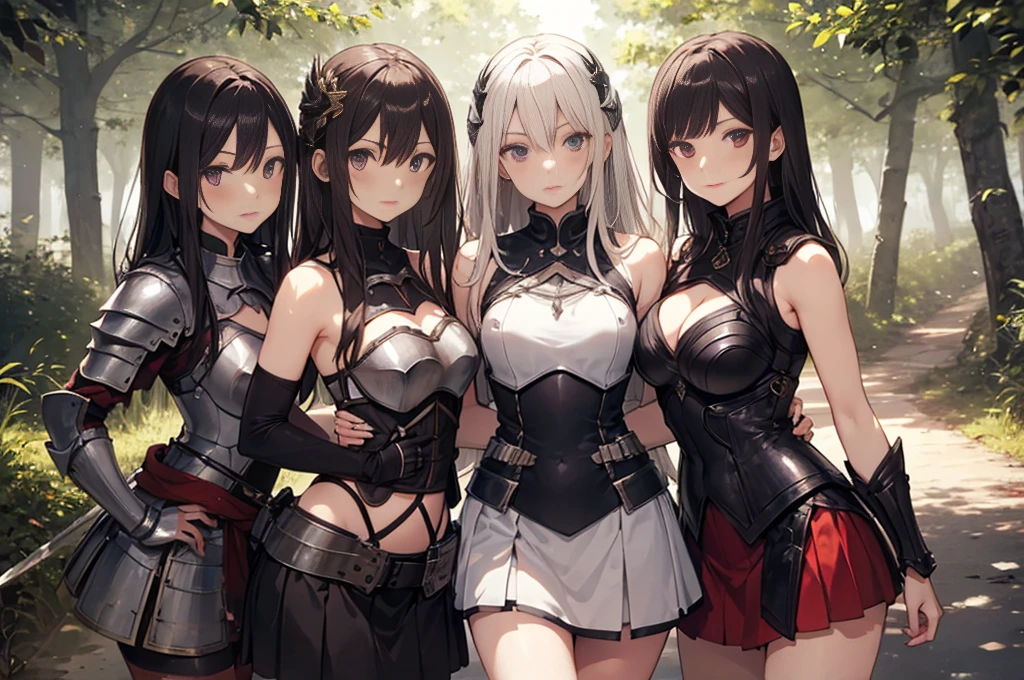 A group of female knight, (in forest), various hair styles, harem, wearing armored clothes, metal armor, night, details face, , short skirt, seducing, sword, showing armpits, sleeveless