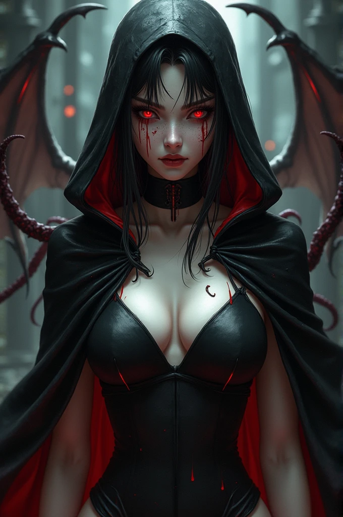 (Masterpiece), (best quality), (ultra detailed), (sharp focus), (best lighting), 1girl, cloaked, deep v cut short, naval, cleavage, red eyes, bloodied, pale skin, dark theme, tentacles, goddess, evil goddess, black theme