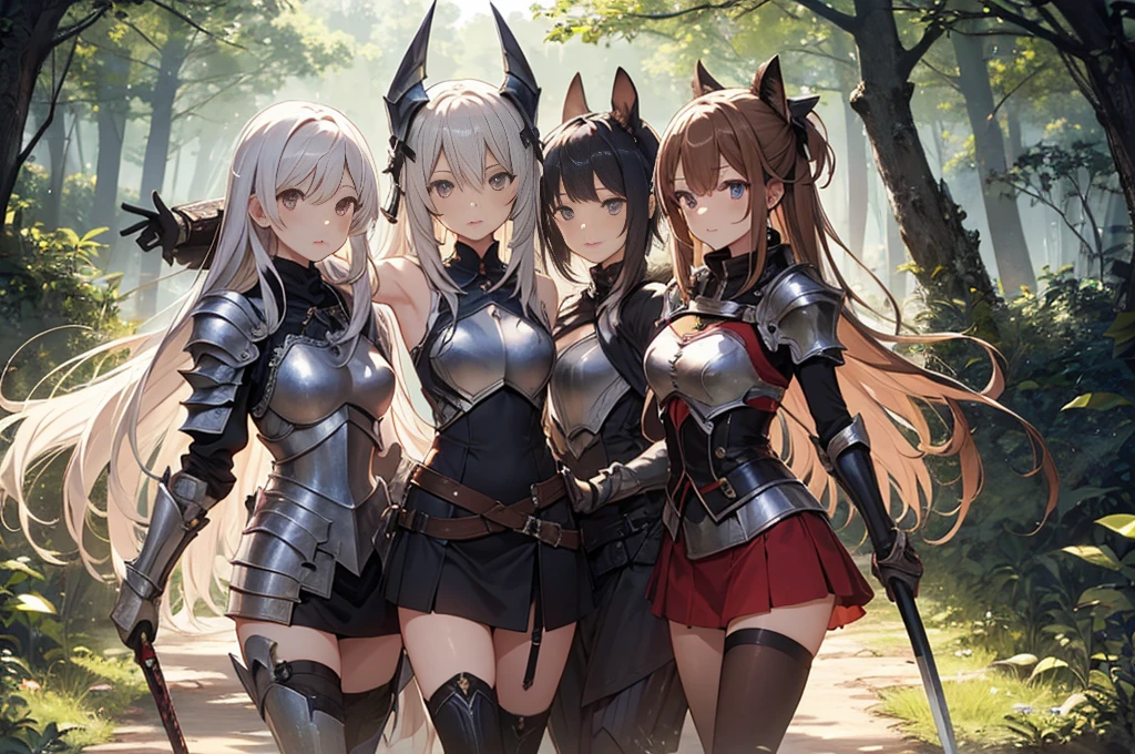 A group of female knight, (in forest), various hair styles, harem, wearing armored clothes, metal armor, night, details face, , short skirt, seducing, sword, showing armpits, sleeveless