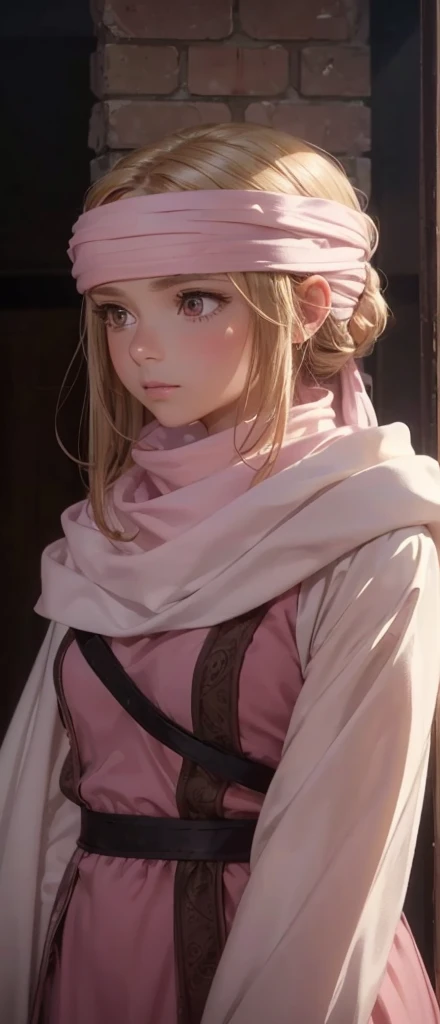 a beautiful girl in a pink dress, standing alone with a cowl headband, profile view looking at the viewer, extremely detailed eyes and face, masterpiece, best quality, high resolution, photorealistic, ultra-detailed, intricate details, delicate features, soft lighting, warm color tones, elegant, feminine, graceful, serene expression