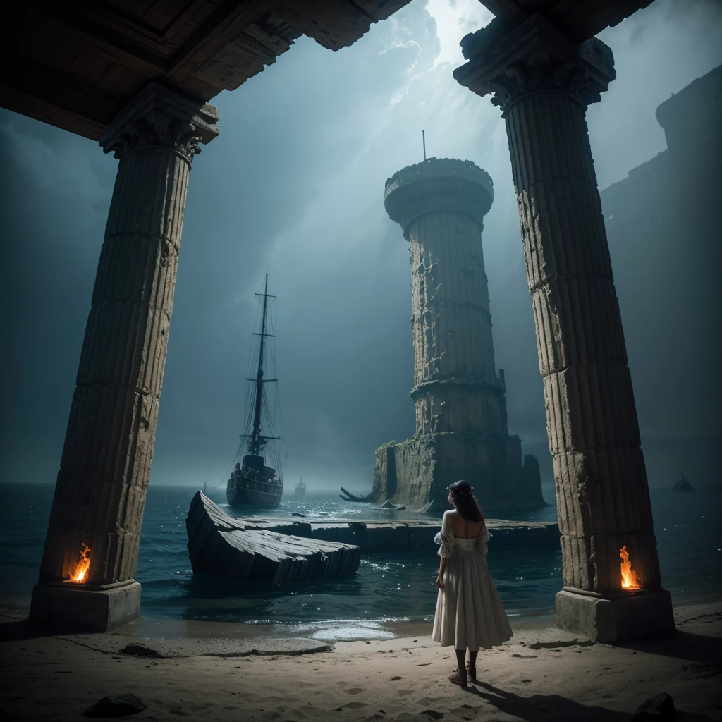 thriller atmosphere,Shallow ocean with big dead fish and stranded wooden ships, a gigantic hole in the center and two stone pillars on each side of the hole...a woman in an antique dress with her back looking into the hole 