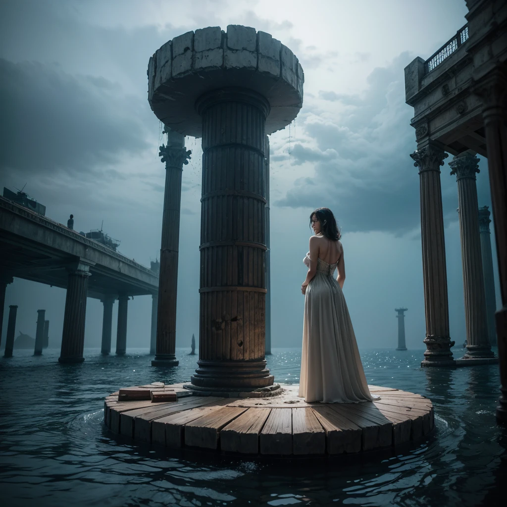 thriller atmosphere,Shallow ocean with big dead fish and stranded wooden ships, a gigantic hole in the center and two stone pillars on each side of the hole...a woman in an antique dress with her back looking into the hole
