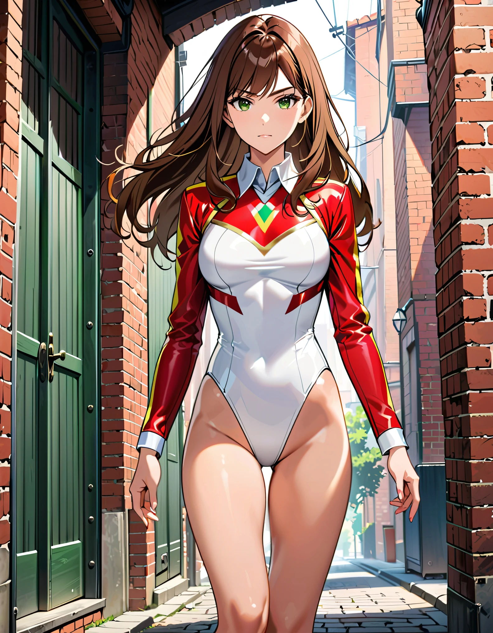 (masterpiece), (best quality), (high res), 1lady, tall body, beautiful detailed eyes, beautiful detailed face, serious, perfect hands, complete fingers, perfect anatomy, perfect proportions, ((brown hair, medium hair, hair down)), ((green eyes)), ((leotard, white leotard, matching leotard)), ((white dress collar, open collar)), ((bare legs)), ((boots, matching boots, ankle-high boots, red boots)), breasts, medium breasts, (close-up), looking at viewer, (solo, solo focus), standing, clenched fist, cowboy shot, brick wall, ((yellow upside-down chevron \(symbol\) on chest)), ((red leather jacket, open jacket)), full body costume design.