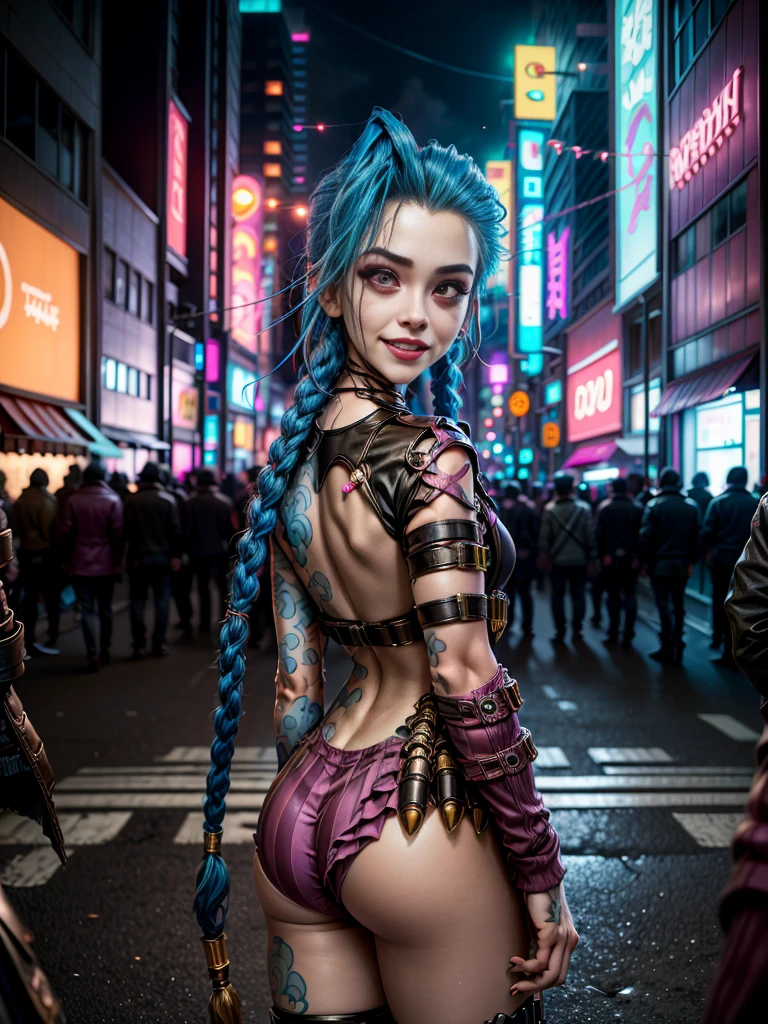 ((Jinx wears a Harajuku Tech costume), Cowboy-shot, wind, tousled hair, cyberpunk cityscape, (Aesthetics and atmosphere:1.2),smiling, Laugh，Super wide shot, from the back, pink eyes
