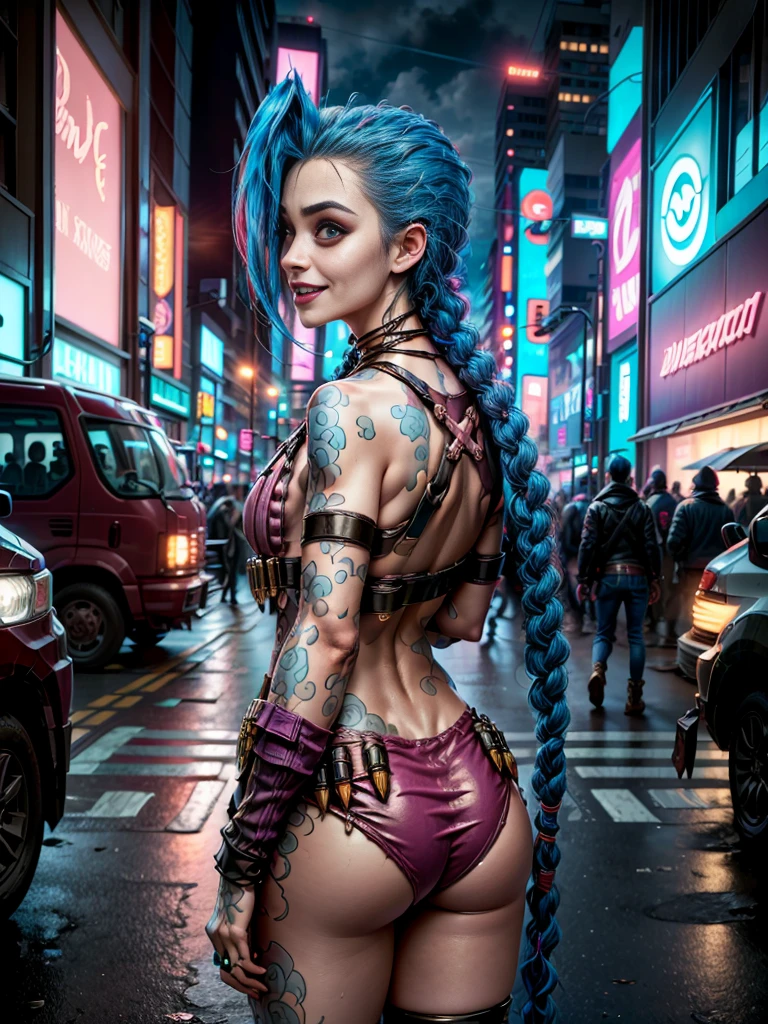 ((Jinx wears a Harajuku Tech costume), Cowboy-shot, wind, tousled hair, cyberpunk cityscape, (Aesthetics and atmosphere:1.2),smiling, Laugh,Super wide shot, from the back, pink eyes