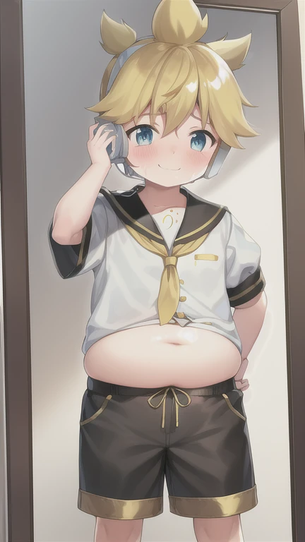 boy, cute, Kagamine Len, (chubby), (plump), over small sailor uniform, belly exposed, tight short pants buttons popped open, earphones, character focus, tie, standing in front of a mirror, (feeling really embarrassed), (blushed), bitter smile, steam on his cheek, sweating, head down