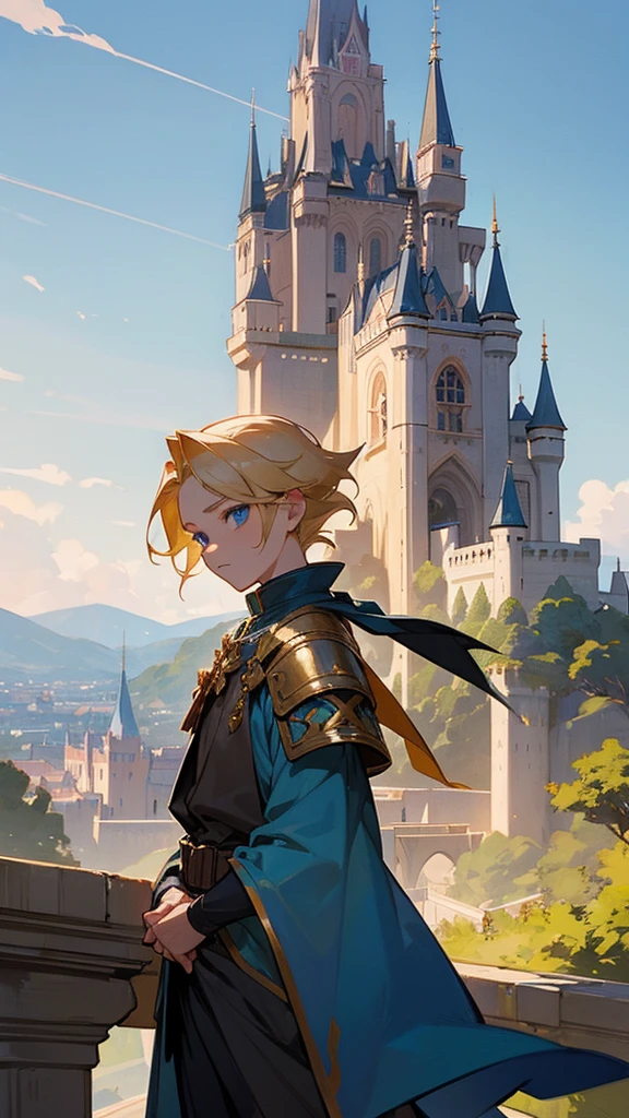 A 11 years old boy , he is blonde wearing fantasy clothes , blue eyes , blonde eyelashes , a beautiful castle in the background!