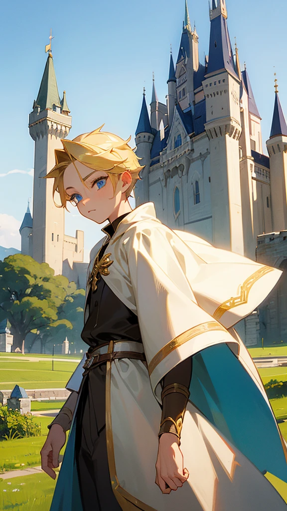A 11 years old boy , he is blonde wearing fantasy clothes , blue eyes , blonde eyelashes , a beautiful castle in the background!