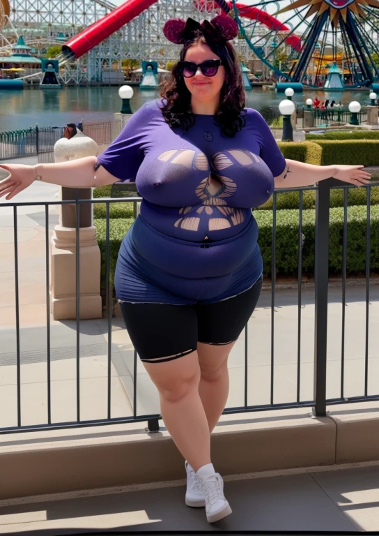 araffe woman posing for a picture, at california adventure, photo taken in 2 0 2 0, disneyland as backdrop, taken in 2022, photo from 2022, taken in the early 2020s, photograph taken in 2 0 2 0, Big, huge , no clothes, sexy, cute, no clothes, thick, bbw, chubby stomach, thick nipples, nipple piercings, large areola, hard nipples, piercing through shirt, busty, major cleavage, naked, ripping through top, spilling over sides, bra too tight, extra wide hips, fat bbw, showing off huge belly, fat stomach, fat bbw, big tummy, bare stomach, uncovered stomach, play with stomach, belly muffin top, belly hanging out of clothes, belly out, muffin top spilling over, no clothes, naked, big fat belly, belly fat spilling out, no clothes, NSFW, naked, thick ass, short, huge belly, fat and wide