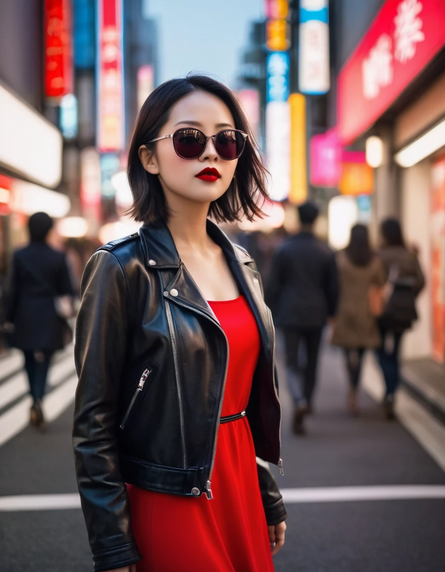 A stylish woman walks down a Tokyo street filled with warm glowing neon and animated city signage. She wears a black leather jacket, a long red dress, and black boots, and carries a black purse. She wears sunglasses and red lipstick. She walks confidently and casually. The street is damp and reflective, creating a mirror effect of the colorful lights. Many pedestrians walk about, photorealistic, Natural skin texture, realistic skin, soft shadows, natural complexion, natural pores, light blush, matte skin, natural lighting