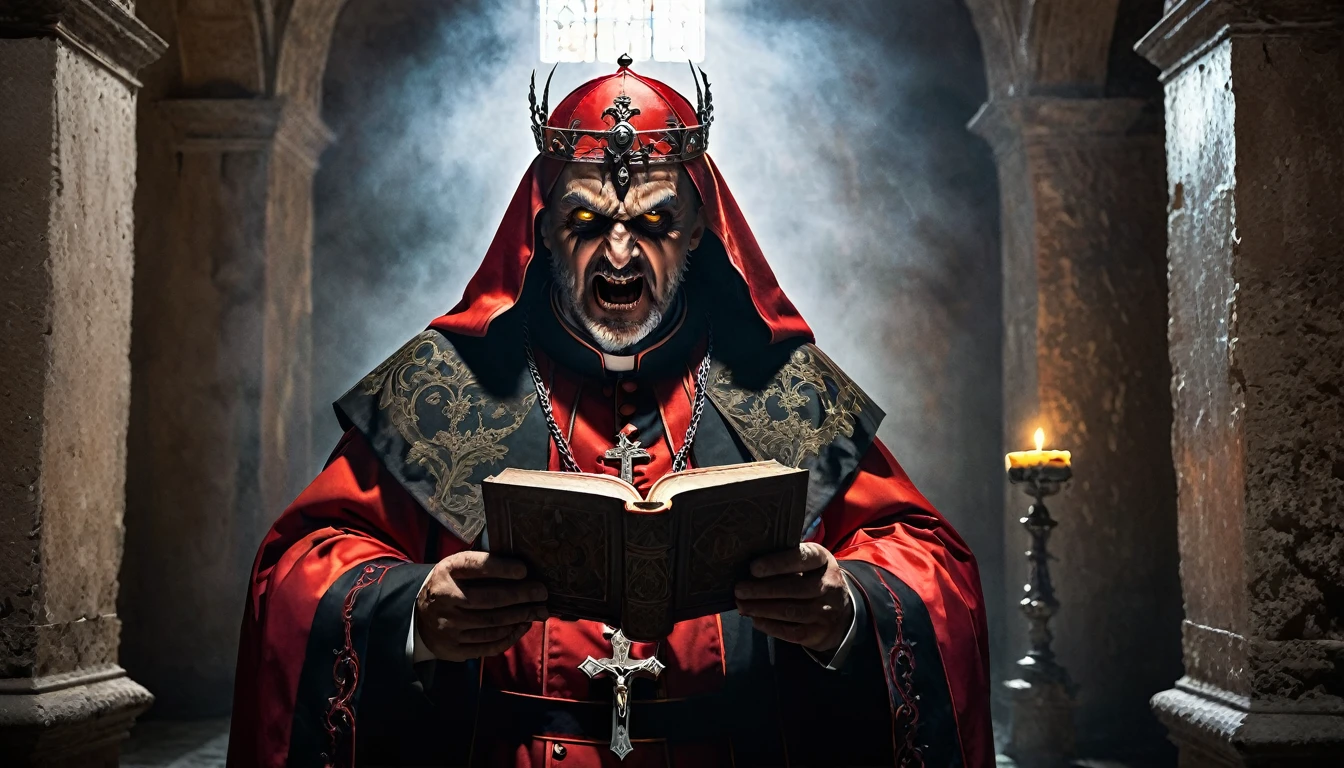 a cardinal, head of the priests, wearing traditional Vatican attire, holding a crucifix and an ancient book of exorcisms, with an expression of determination mixed with fear exorcising a ferocious werewolf creature with glowing eyes and sharp teeth, tied with silver chains, fighting against the restrictions, with an expression of pain and fury. . Setting: an ancient stone enclosure inside the Vatican, with cold, damp walls, lit only by flickering candles that cast dancing shadows. Heavy chains hang from the walls, creating an oppressive, claustrophobic atmosphere.  Atmosphere: The scene should be scary, dark and convey a sense of fear and terror.