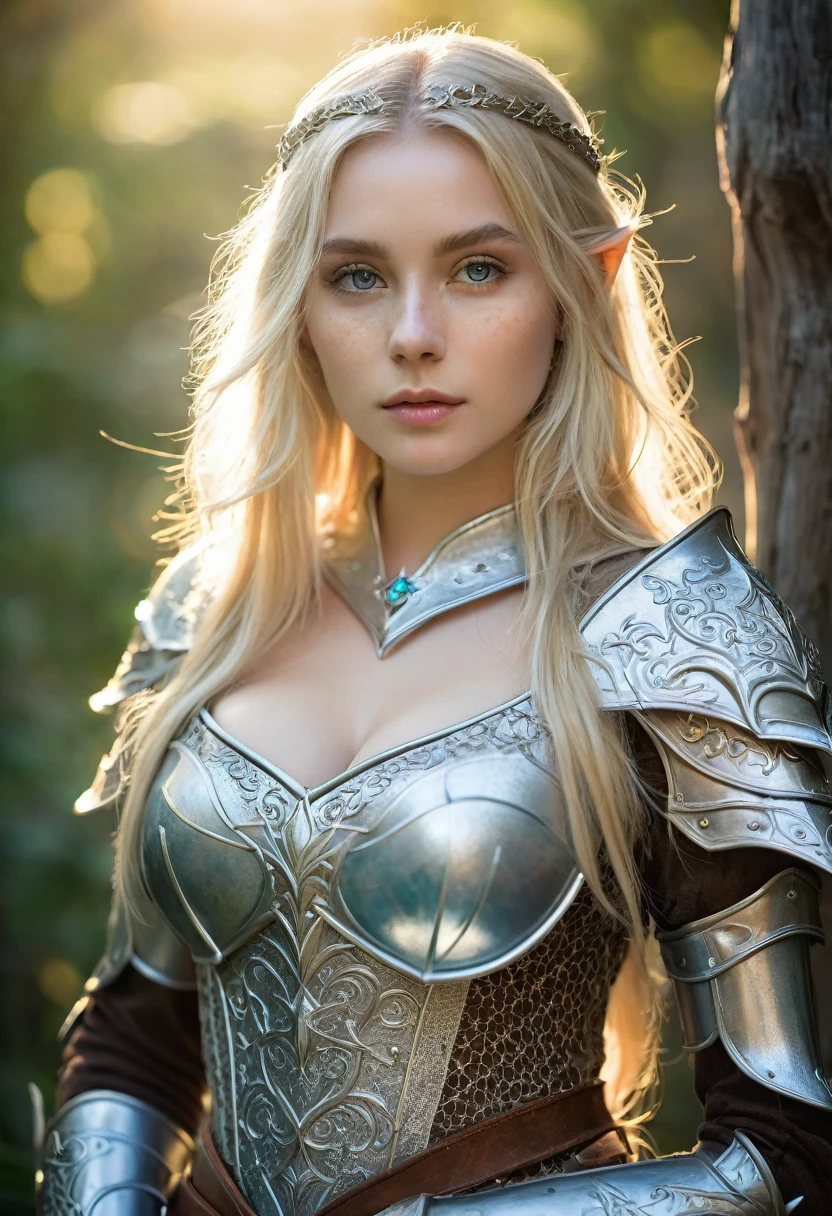 Masterpiece, a beautiful female elf knight (Lily Larimar 1.0), bright eyes, blonde hair, broad shoulders, strong body, high detail pale skin with light freckles, high detail filigree elf armor, outside, (skin texture:1.1), best quality, ultra high res, Raw photo, Nikon D850, backlight, rimlight, bright sunlight, film grain:1.2, (warm hue, warm tone:1.2), (color photo), fantasy landscape background、((((busty breasts 1.8))))、nsfw, (breast squeeze:1.3)、wearing Fishnet bodystocking、cowboy shot、