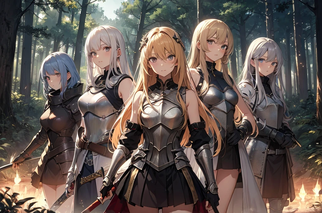 A group of  female knight, (in forest), various hair styles, harem, wearing armored clothes, metal armor, night, details face, , short skirt, seducing, sword, showing armpits, sleeveless