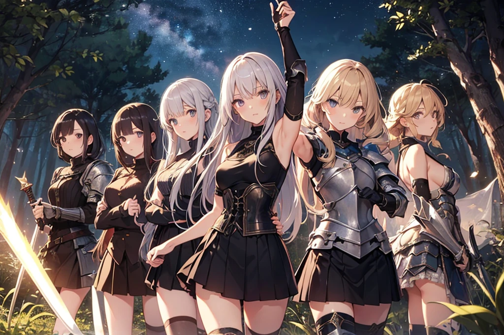 A group of  female knight, (in forest), various hair styles, harem, wearing armored clothes, metal armor, night, details face, , short skirt, seducing, sword, showing armpits, sleeveless