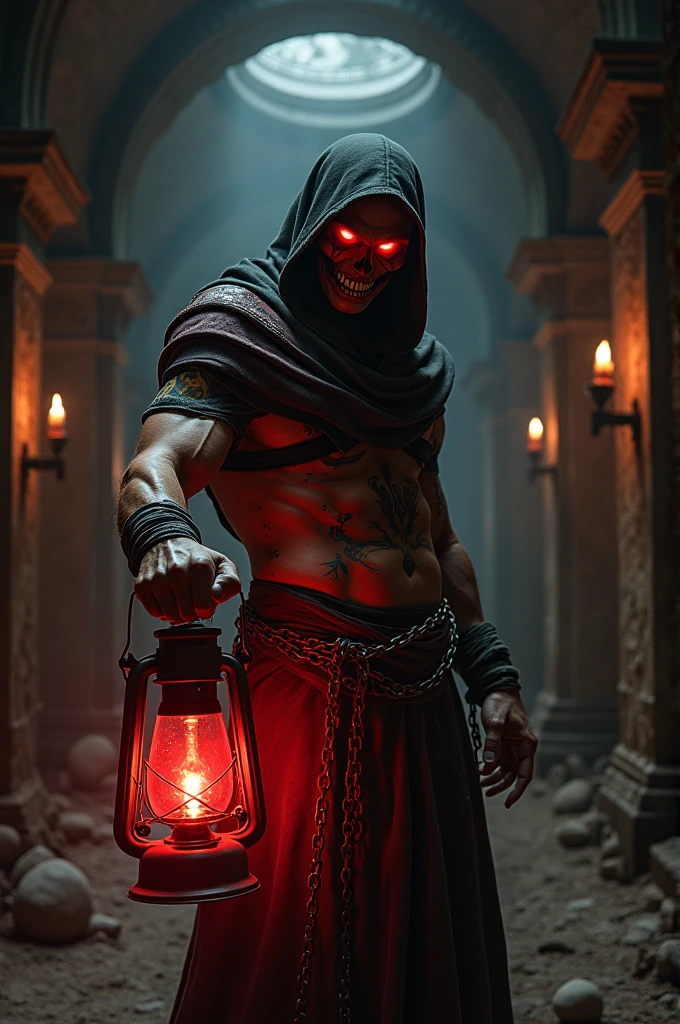catacombs, cultist, red light lantern, gloving eyes, blood, rage, chains, rune, tattoo