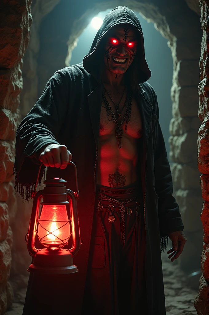 catacombs, cultist, red light lantern, gloving eyes, blood, rage, chains, rune, tattoo