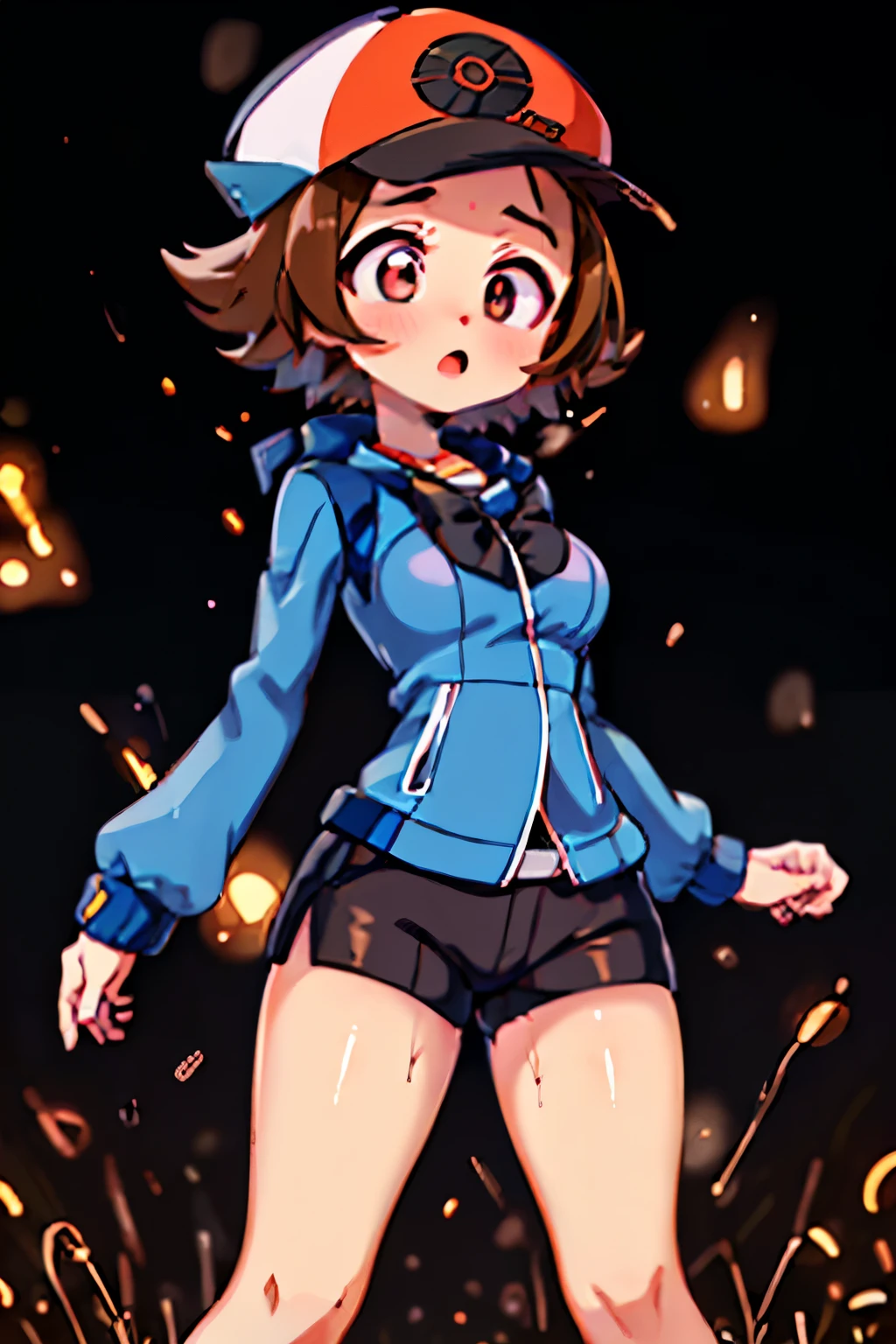 ((masterpiece, best quality)), 1girl, Hilbert (\pokemon\), flat chest, black pants, brown hair, jacket, (blue jacket), cropped jacket, brown eyes, baseball cap, short hair, wide eyes, round eyes, thick thighs, :O, O_O, full face blush, ((scared)), shocked, ((wide eyed)), android, short hair, (big eyes:1.5), blush, smoke, android, mechanical parts, sparks, standing, ((cross-eyed)), ((constricted pupils)), medium breasts, thick thighs, arms outstretched, bow-legged