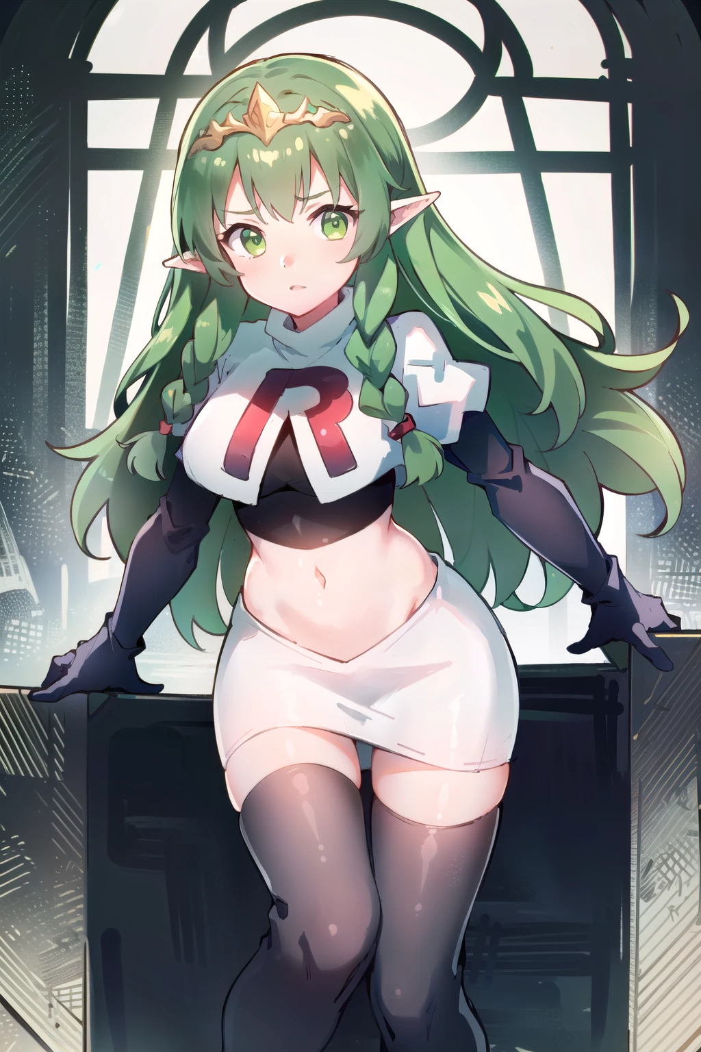 ((ultra detailed, masterpiece, best quality))
FESothis, 1girl, solo, green hair, long hair, green eyes, twin braids, tiara, pointy ears, team rocket,team rocket uniform,white skirt,red letter R,crop top,black thigh-highs,black elbow gloves