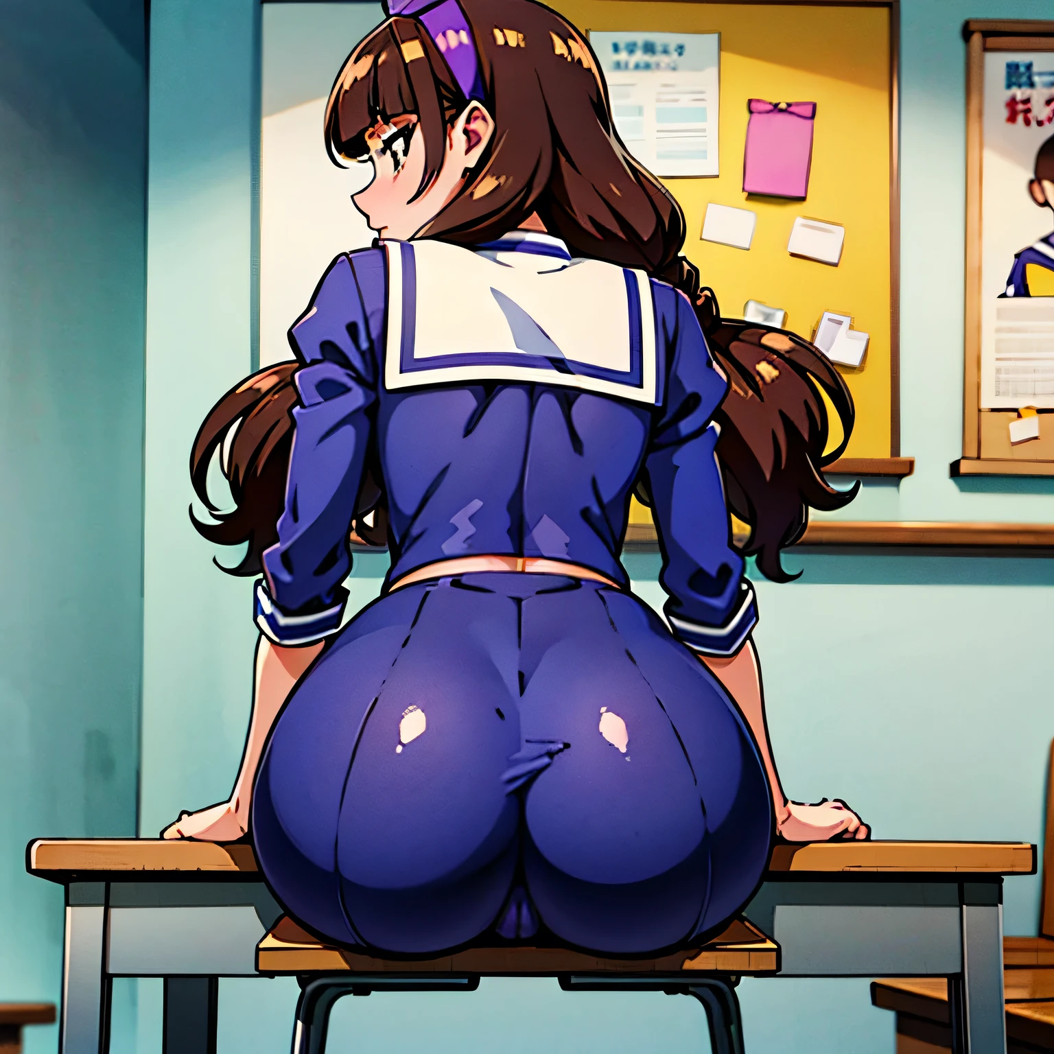 1 girl, (solo), ((amanogawaki)), best quality, highres, high quality, 8k, HD, super detail, anatomically correct, UHD, accurate, (masterpiece:1.0), (high quality:1.0), (ultra detailed), ((Adult:1.2)), Purple Headband, ass, sitting, solo, looking back, from behind, desk, skirt, school uniform, thighs, school desk, ass focus, chair, wide hips, huge ass