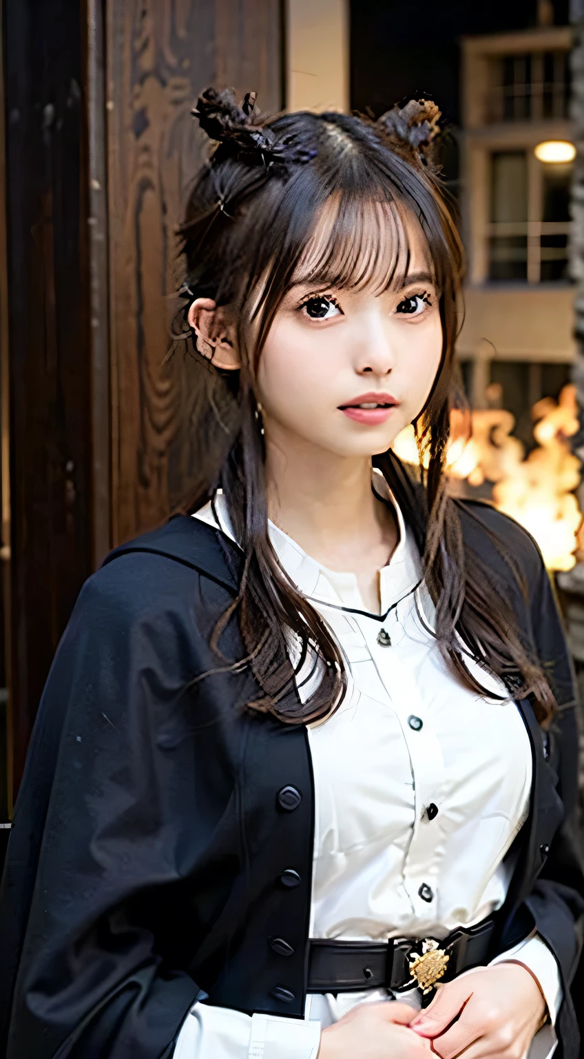 (Skin Dentition:1.5), Realistic, Realistic, (masterpiece:1.5), Concept Art, ((A large number of slimes:1.4))、Intricate details, Very detailed, Realistic, Octane Rendering, 8k, Unreal Engine, Dynamic pose, Highest quality, High resolution, (Realistic Face:1.1), (Super realistic:1.1), ((full_body)), Perfect Eyes,(Glowing Skin:1.2), ((Cowboy Shot:1.4)), (((Perfect hands))), (Very detailed background), ((Dynamic Background)), ((lightning)), (light), ((One girl)), Wearing a cape, (((Flowing Cape))), ((Detailed eyes, High quality eyes, High quality face)), (Very complicated robe, magical robes), ((double hair bun:1.6)), casting lightning, electricity, Swirling Fire, Radiation Force, spark, cigarette, magic, ((dramatic)), amazing, battlefield, Depth of written boundary, bokeh, 4K, Gothic, human, particle