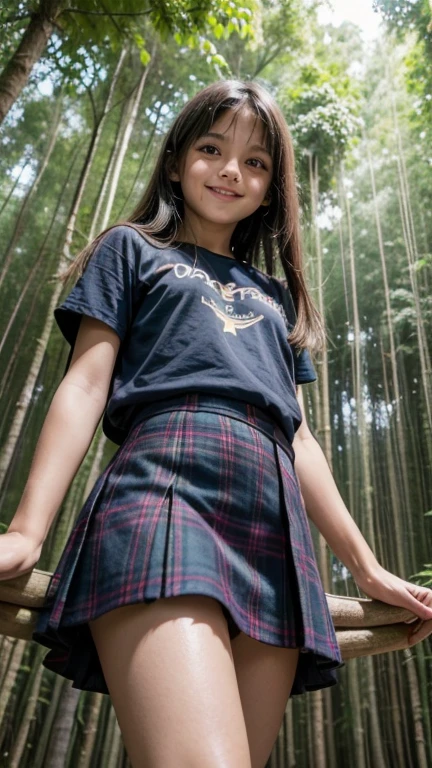 Brazilian (((10 years old))) dark brunette, hair straightened , smiling appearance, (((complexión delgada))) bokeh effect, día environment, photo, forest bambú, luz natural, de perfil, mini skirt tartan, blusa ombliguera, view from below, 