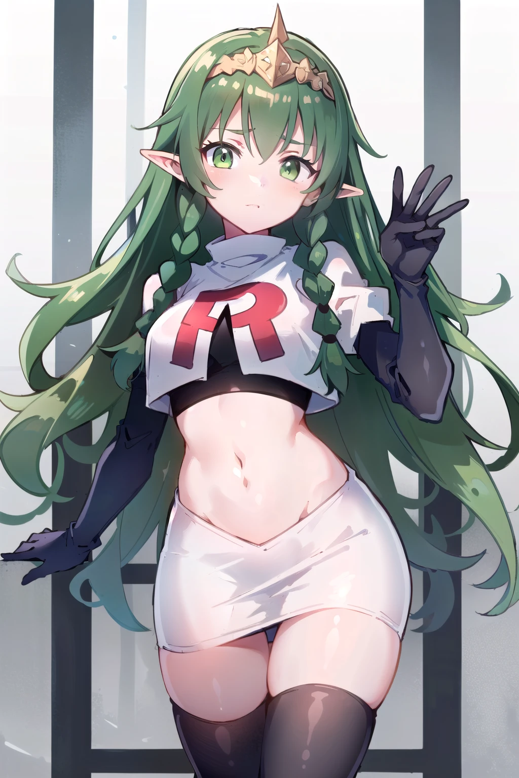 ((ultra detailed, masterpiece, best quality))
FESothis, 1girl, solo, green hair, long hair, green eyes, twin braids, tiara, pointy ears, team rocket,team rocket uniform,white skirt,red letter R,crop top,black thigh-highs,black elbow gloves