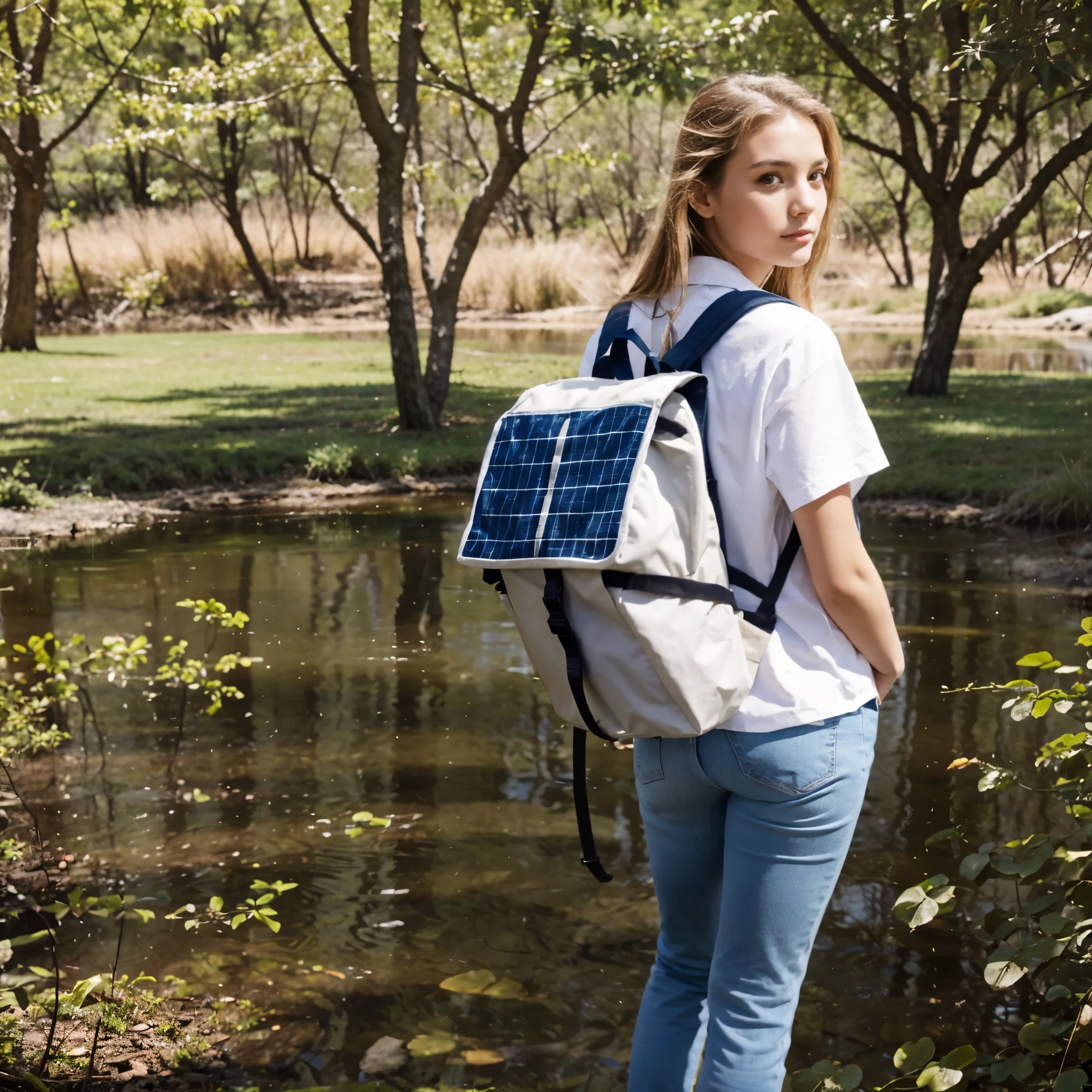 Beautiful girl in wooded area, on a clear spring day, near a lagoon.