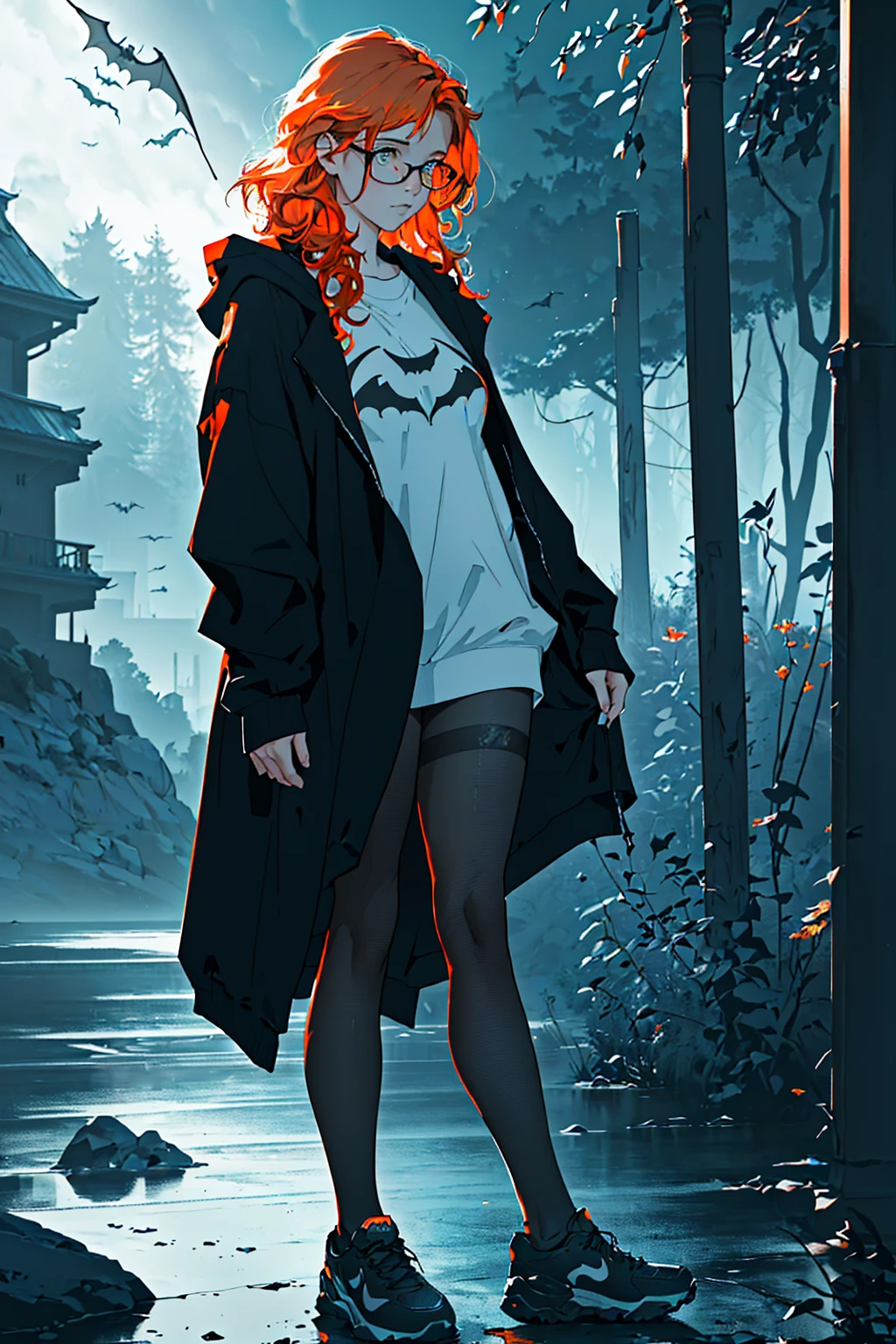 "Generate an image for Stable Diffusion that involves a VAE (Variational Autoencoder). The prompt should combine the concept of a VAE with photorealistic images, art styles, art inspirations, camera shots, and render-related information. The image should be photorealistic and leverage the unique features of a VAE." A contemporary creative photography, the composition ((captures a ginger-girl(with auburn & kinky hair(all tousled hair)with bed-hair)), {18yo, very busty girl), emerald-eyes, very pale skin(porcelain skin, with cute freckles)}, wears an oversized eyeglasses. ((Dressed in a oversized MARVEL graphic-sweatshirt, and a fishnet-pantyhose)), oversized eyeglasses, and a NIKE-brand sneakers She is standing outdoors near a body of water. Leaning(One hand gripping an object, the other by the side, Legs crossed at the ankles). Her body is angled slightly to the side. with one of her hands she is holding a wildflowers- bouquet. The atmosphere is serene and somewhat melancholic, enhanced by the overcast intricate-sky and the calmness of the water behind her. The background features a large body of water an integral part of the intricate composition(featuring swirling clouds, and ethereal light, element(such as the bat-like and skeletal figure)).The sky is overcast, creating a muted, cool-toned ambiance. (backlighting)++, (depressive colors)+++).}} {{faded film, {{desaturated, 35mm photo, grainy, {vignette, vintage, {Kodachrome, {{Lomography, stained, highly detailed, found footage, (Horror movie effects)++)}.}} Strong shadows, (Hyper realism, backlight, sharp, HDR)+, sad & oppressive atmosphere, vignette, high budget, bokeh, epic, (((in a Monochrome (Single blue-Color/bit of orange)colors palette theme))), Inspiration from poems of H.P. Lovecraft}