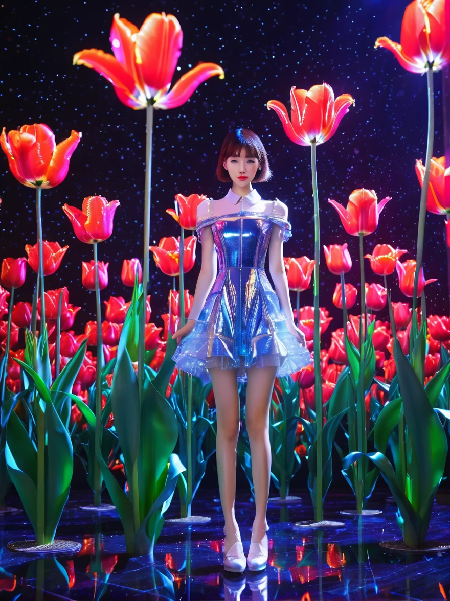 (3D,Mechanical feel,cute,ais-scrapyrd 1girl,tulip),(使用广角镜头拍摄whole body图像:1.9),(masterpiece:1.1),(Highest quality:1.1),(HDR:1.0),Ambient Light,Ultra high quality,(Ultra-detailed original illustrations),(1 Girl,whole body),(彩虹tulip花裙),(Slender thighs),(由tulip花朵制成的鞋子: 1.5),((Harajuku Fashion)),((Flowers with human eyes,Eye disease)),Double Exposure,Fusion of Fluid Abstract Art,Fault,(Original illustration composition),(Limited color blending,Extreme art style,Geometric artstyle), , Colorful neon lights,High-tech mechanical parts,Metal body,(详细的振金tulip花朵设计:1.9),Vibrant colors,动态发光tulip花朵,Reflective metal surface,Bright environment,Dynamic poses,Exquisite existence,Skills Improvement,Interlocking mechanical gears,Stylish design,motion blur effect,Detailed metal treatment,Sci-fi atmosphere,Streamlined aerodynamic shape,Laser scanning pattern,Holographic projection,LED light track,Beautiful and unforgettable,Advanced sensors,Complex algorithms,Ominous and mysterious atmosphere,Electric Spark,Shiny chrome,Propulsion systems of the future,(Best quality,8k,high resolution,masterpiece:1.2),Super detailed,(whole body:1.8), magazine photography,一个cute的女孩形象,Popular on social platforms,((Dopamineism)),(((Dopamine color matching))),Dopamine,(in the style of Y2K),Luo Erchun,3D古风,Oriental poetry and painting