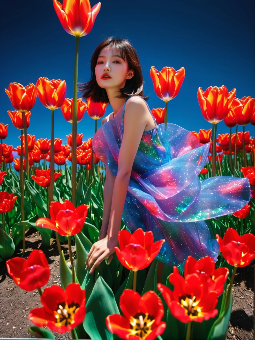 (3D，Mechanical feel，cute，ais-scrapyrd 1girl，tulip)，(使用广角镜头拍摄whole body图像:1.9)，(masterpiece:1.1)，(Highest quality:1.1)，(HDR:1.0)，Ambient Light，Ultra high quality，(Ultra-detailed original illustrations)，(1 Girl，whole body)，(彩虹tulip花裙)，(Slender thighs)，(由tulip花朵制成的鞋子: 1.5)，((Harajuku Fashion))，((Flowers with human eyes，Eye disease))，Double Exposure，Fusion of Fluid Abstract Art，Fault，(Original illustration composition)，(Limited color blending，Extreme art style，Geometric artstyle), , Colorful neon lights，High-tech mechanical parts，Metal body，(详细的振金tulip花朵设计:1.9)，Vibrant colors，动态发光tulip花朵，Reflective metal surface，Bright environment，Dynamic poses，Exquisite existence，Skills Improvement，Interlocking mechanical gears，Stylish design，motion blur effect，Detailed metal treatment，Sci-fi atmosphere，Streamlined aerodynamic shape，Laser scanning pattern，Holographic projection，LED light track，Beautiful and unforgettable，Advanced sensors，Complex algorithms，Ominous and mysterious atmosphere，Electric Spark，Shiny chrome，Propulsion systems of the future，(Best quality，8k，high resolution，masterpiece:1.2)，Super detailed，(whole body:1.8), magazine photography，一个cute的女孩形象，Popular on social platforms，((Dopamineism))，(((Dopamine color matching)))，Dopamine，(in the style of Y2K)，Luo Erchun，3D古风，Oriental poetry and painting