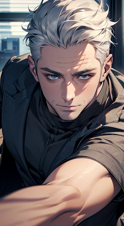 (best quality,4k,8k,highres,masterpiece:1.2),ultra-detailed,(realistic,photorealistic,photo-realistic:1.37),1 man,31 years old,mature man,very handsome,without expression,smile,short grey white hair,blue eyes,penetrating gaze,perfect face without errors,imposing posture,businessman,office background,cinematic lighting,hdr image