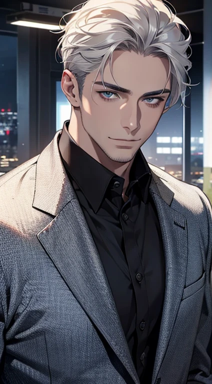 (best quality,4k,8k,highres,masterpiece:1.2),ultra-detailed,(realistic,photorealistic,photo-realistic:1.37),1 man,31 years old,mature man,very handsome,without expression,smile,short grey white hair,blue eyes,penetrating gaze,perfect face without errors,imposing posture,businessman,office background,cinematic lighting,hdr image
