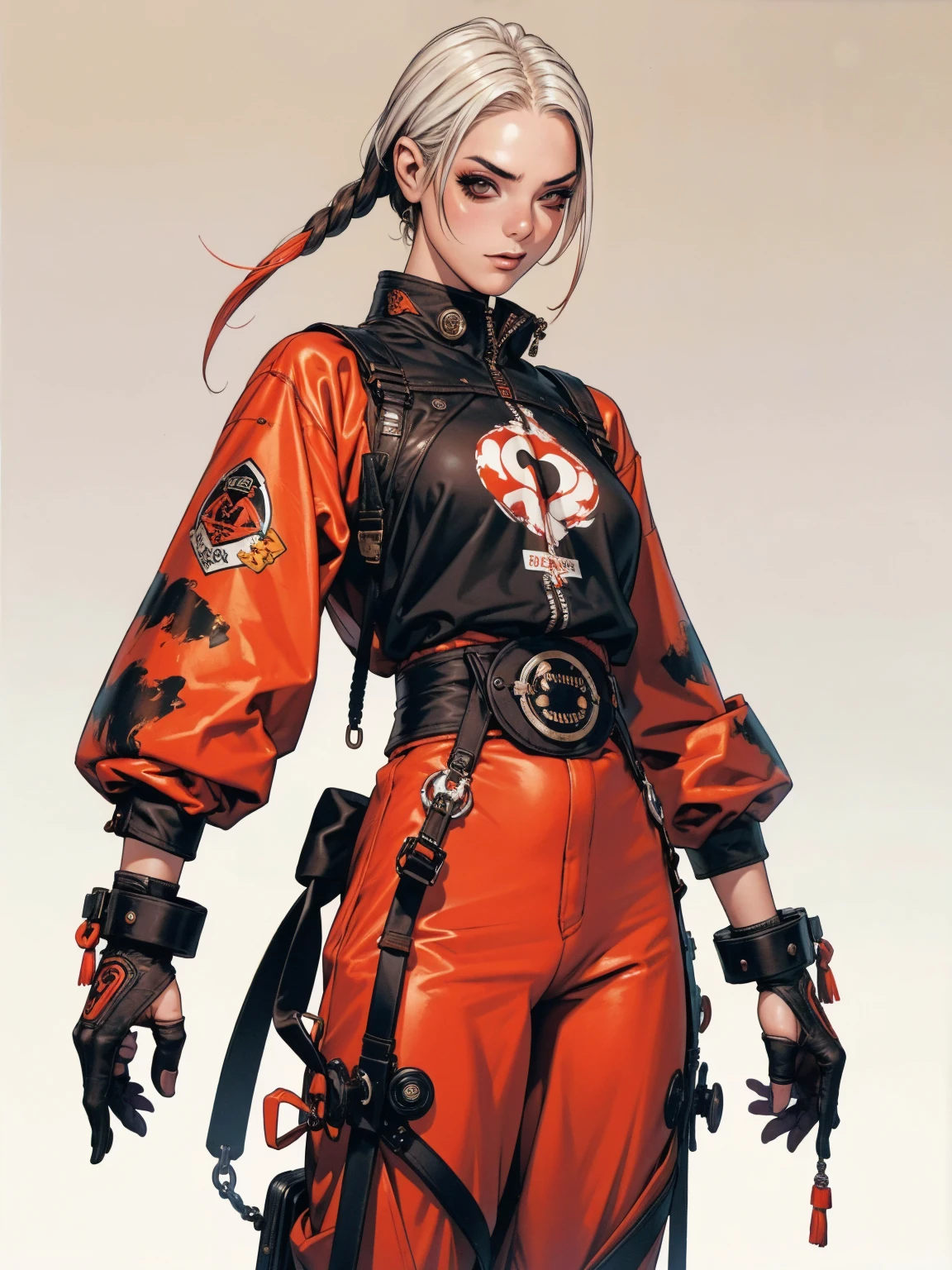 (best qualityer))), (((manga strokes))), (((white hair with red highlights))), (((baggy pants with bone print))), uma Kizi jovem muito bem vestida com roupas modernas de inverno, pants with military camouflage pattern, top gift vertical stripes, short jacket with dark fur collar, beautiful and expressive face, slightly-smile, big eyes with long black eyelashes, heavy make-up, chains and zippers spread across clothes, contrasting colours, pose de atitude, hair with a modern and futuristic cut, urban game poster art, dramatic camera angles, graffiti art elements in the background, design mixing contemporary and retro by Shepard Fairey, (((cowboy shot))), (((best qualityer: 1.4))), (Unbeatable masterpiece), (hiper HD),(CG 8k hyper-realistic), Kizi, (((standing alone))), pirralha violent, (((14歳))), sexly, pose de atitude, work of art, post-apocalypse, (((manga style))), bounty hunter, violent, Manic, the way you want, slenderbody, thin but strong, perfectbody, roupa moderna, advanced technology, neon, sleeves with vertical striped pattern, neutral background, (( cowboy shot )). intricate visual