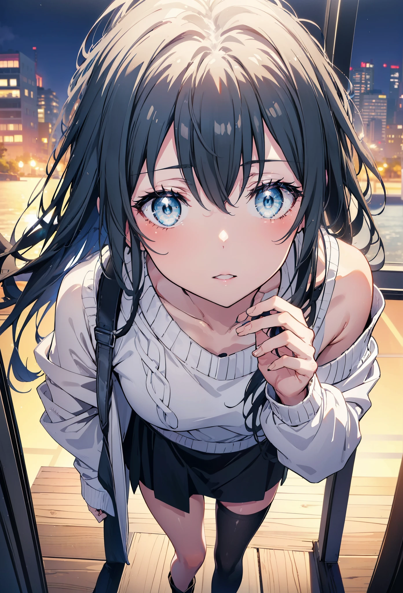 Yukino, yukino yukinoshita, Black Hair, blue eyes,smile, Long Hair, Ahoge,One-shoulder sweater,mini skirt,Black tights,short boots,whole bodyがイラストに入るように,morning,morning陽,The sun is rising,Walking,
break looking at viewer,whole body,
break outdoors, Building district,
break (masterpiece:1.2), Highest quality, High resolution, unity 8k wallpaper, (shape:0.8), (Beautiful and beautiful eyes:1.6), Highly detailed face, Perfect lighting, Highly detailed CG, (Perfect hands, Perfect Anatomy),