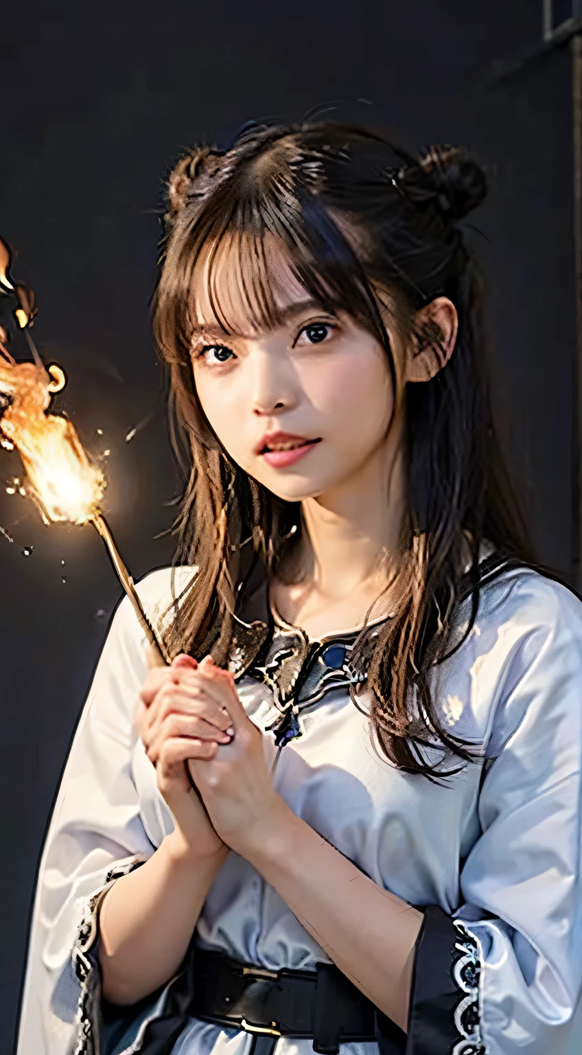 (Skin Dentition:1.5), Realistic, Realistic, (masterpiece:1.5), Concept Art, Intricate details, Very detailed, Realistic, Octane Rendering, 8k, Unreal Engine, Dynamic pose, Highest quality, High resolution, (Realistic Face:1.1), (Super realistic:1.1), ((full_body)), Perfect Eyes,(Glowing Skin:1.2), ((Cowboy Shot:1.4)), (((Perfect hands))), (Very detailed background), ((Dynamic Background)), ((lightning)), (light), ((One girl)), Wearing a cape, (((Flowing Cape))), ((Detailed eyes, High quality eyes, High quality face)), (Very complicated robe, magical robes), ((double hair bun:1.6)), casting lightning, electricity, Swirling Fire, Radiation Force, spark, cigarette, magic, ((dramatic)), amazing, battlefield, Depth of written boundary, bokeh, 4K, Gothic, human, particle