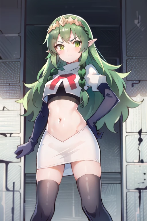 ((ultra detailed, masterpiece, best quality))
FESothis, 1girl, solo, green hair, long hair, green eyes, twin braids, tiara, pointy ears, team rocket,team rocket uniform,white skirt,red letter R,crop top,black thigh-highs,black elbow gloves
