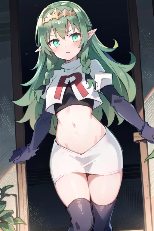 ((ultra detailed, masterpiece, best quality))
FESothis, 1girl, solo, green hair, long hair, green eyes, twin braids, tiara, pointy ears, team rocket,team rocket uniform,white skirt,red letter R,crop top,black thigh-highs,black elbow gloves