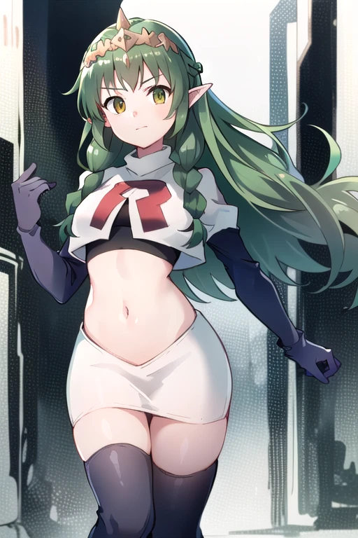 ((ultra detailed, masterpiece, best quality))
FESothis, 1girl, solo, green hair, long hair, green eyes, twin braids, tiara, pointy ears, team rocket,team rocket uniform,white skirt,red letter R,crop top,black thigh-highs,black elbow gloves